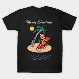 Cat Santa Hat Tropical Beach Cruise Merry Christmas T-Shirt